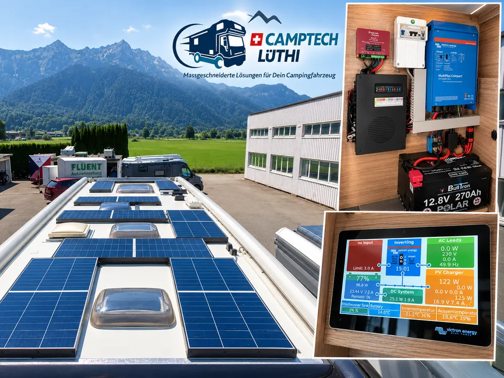 Solaranlage auf dem Dach, Victron-Batteriesystem und Anzeige im Fahrzeug