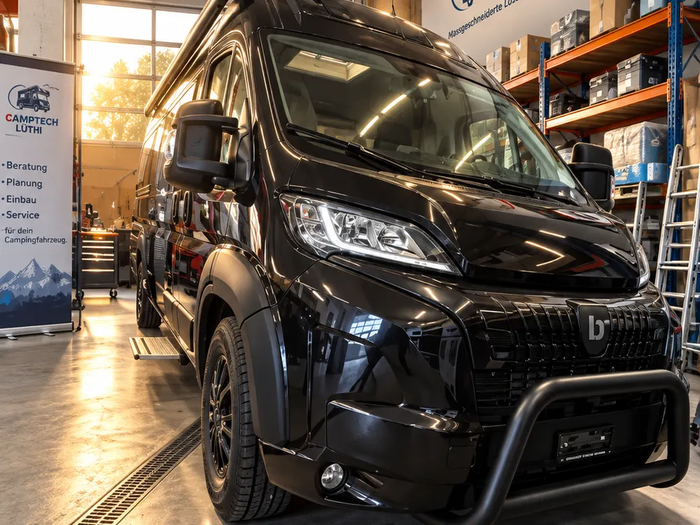 Schwarzer Kastenwagen in der Werkstatt von Camptech Lüthi