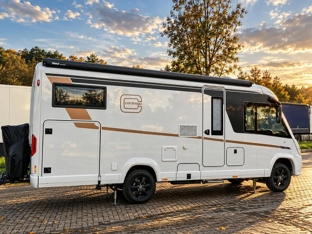 Carthago-Wohnmobil mit ausgefahrenen Hubstützen im Abendlicht