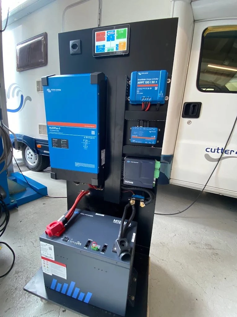 Victron-Energiesystem auf Montageplatte