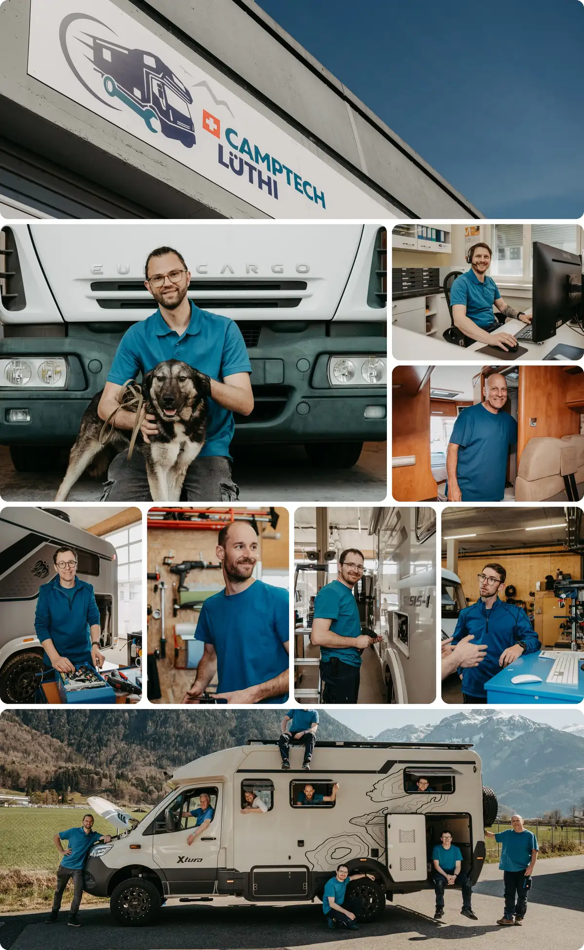 Das Team von Camptech Lüthi in Interlaken: Werkstatt, Büro und das ganze Team vor einem umgebauten Expeditionsfahrzeug